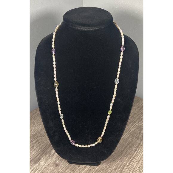 Baroque Fresh Water Rice Pearl Strand Necklace Semi Precious Stones 28.5” - Picture 2 of 9